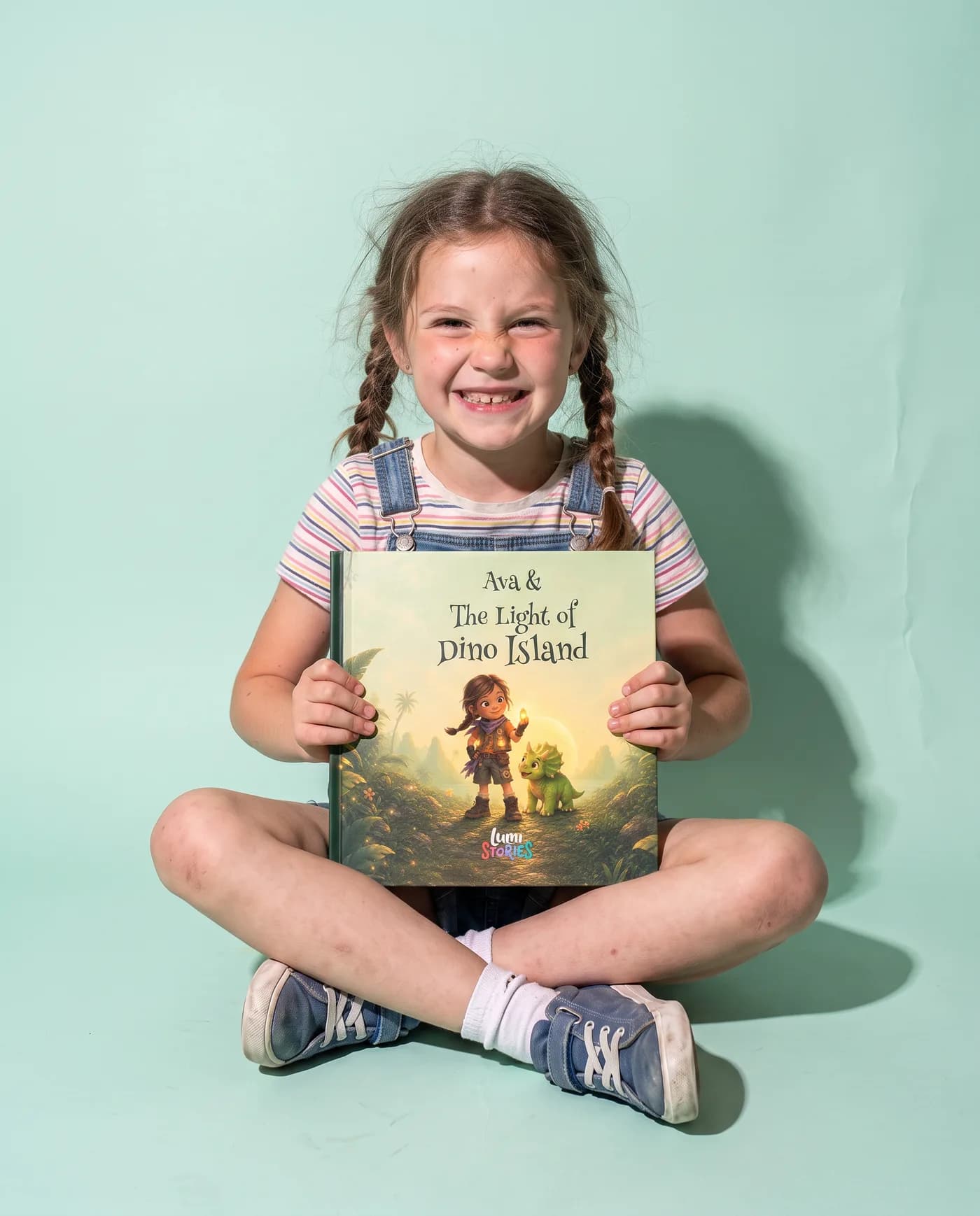 A girl sits cross-legged on a mint backdrop holding her own copy