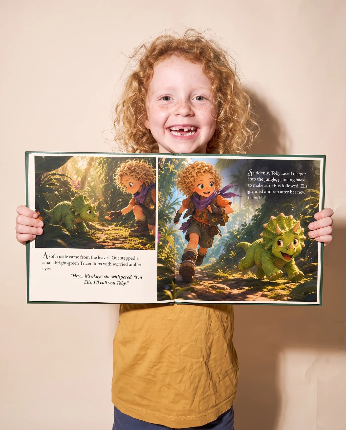 A girl holds her book open wide