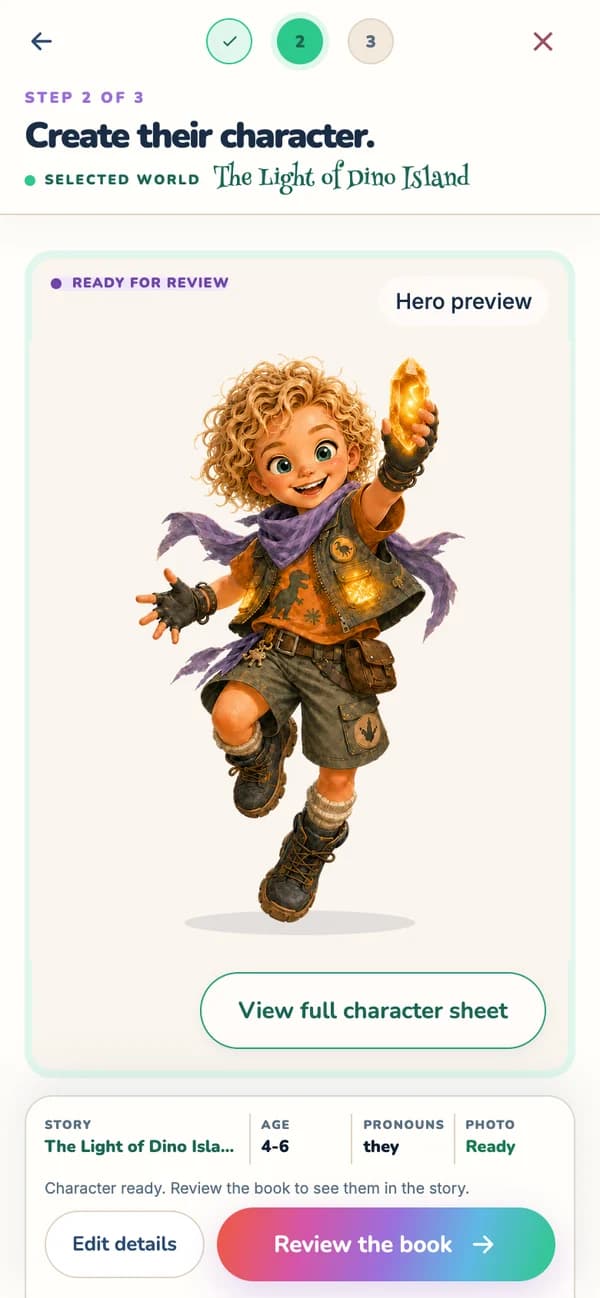 The Lumi app showing their character for approval