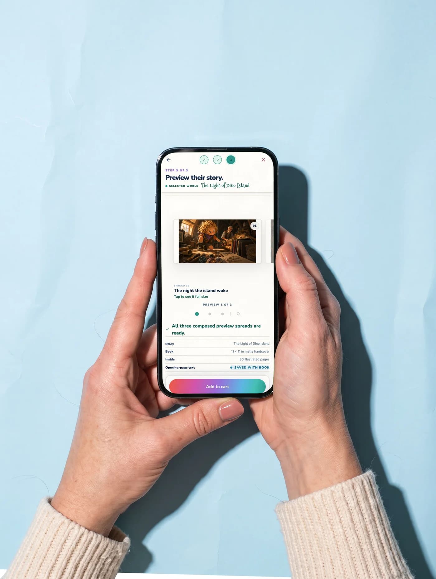 An adult’s hands hold a phone showing the real Lumi preview screen