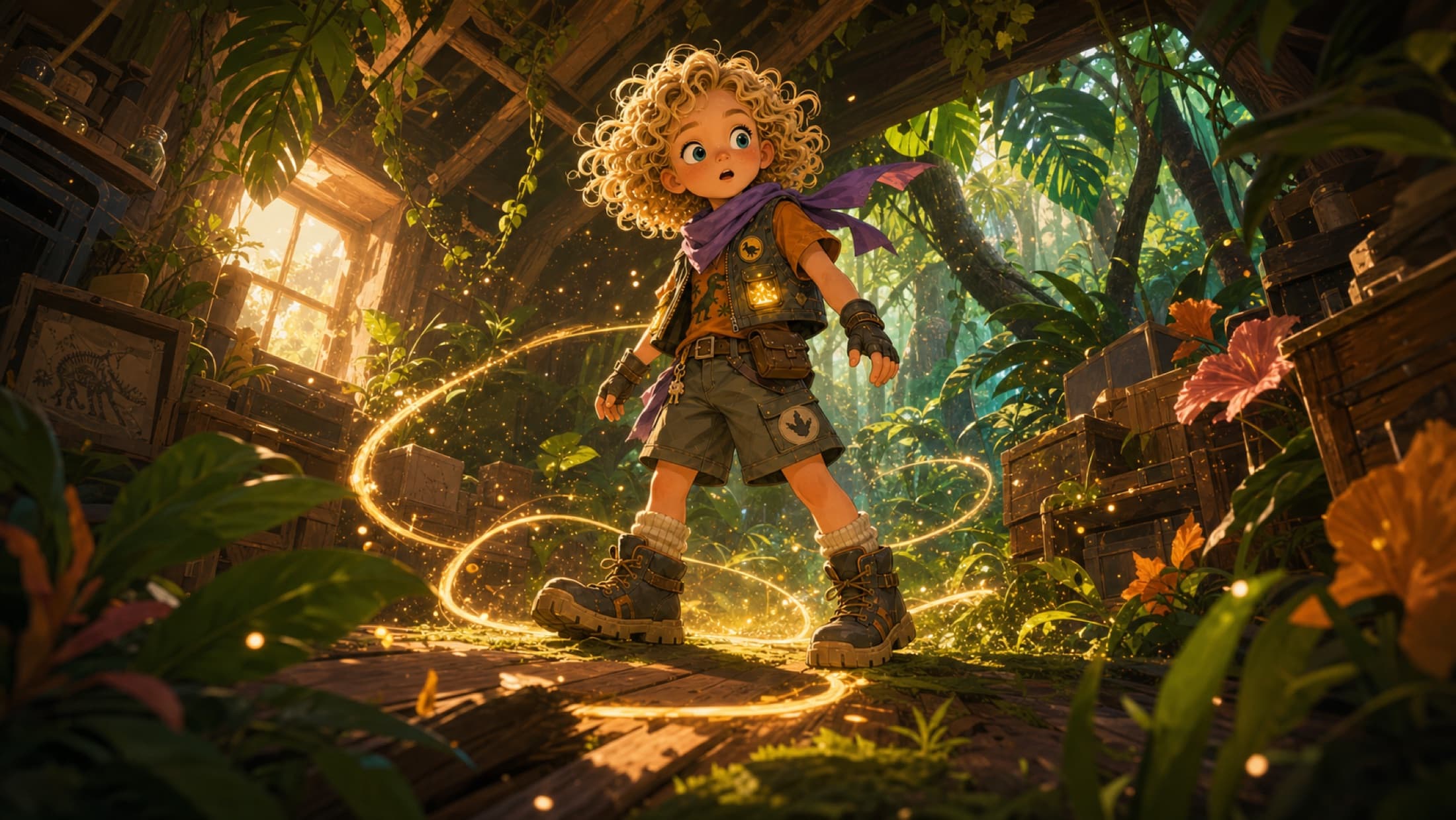 An illustrated spread: the glowing crystal opens a way into the jungle of Dino Island