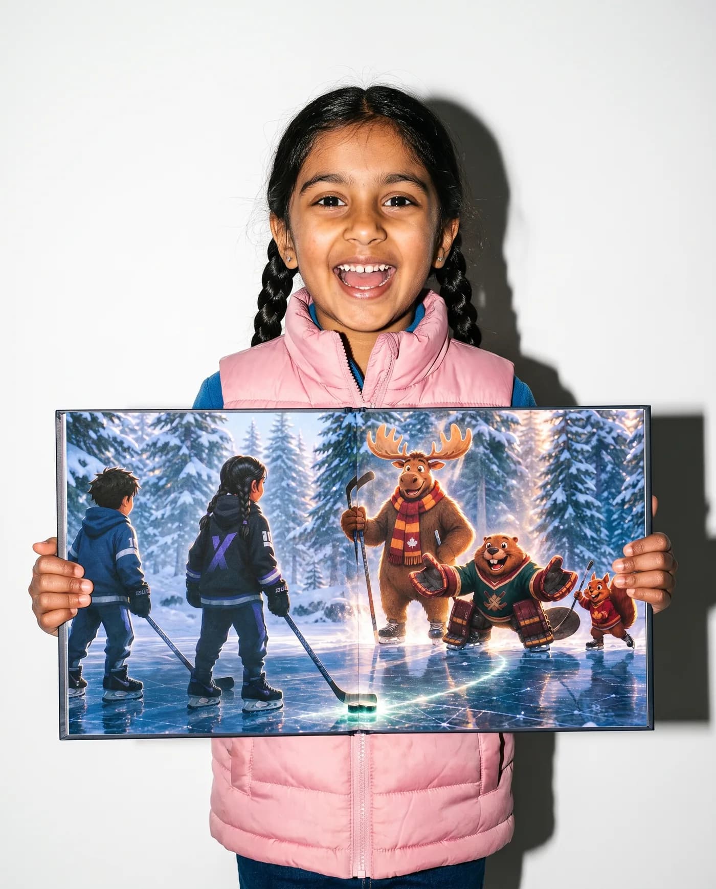 A girl holds her book open wide