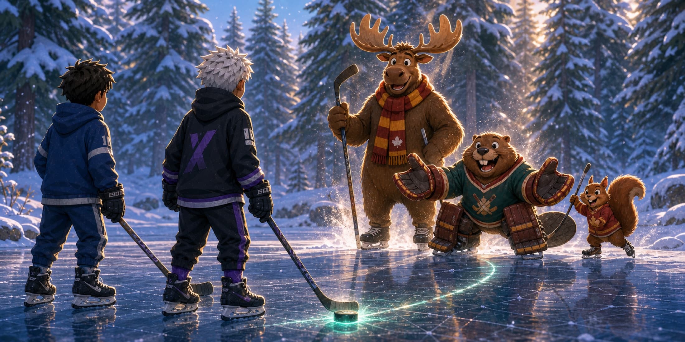 The Aurora team: the moose, Buzzy the beaver and Nutty the squirrel