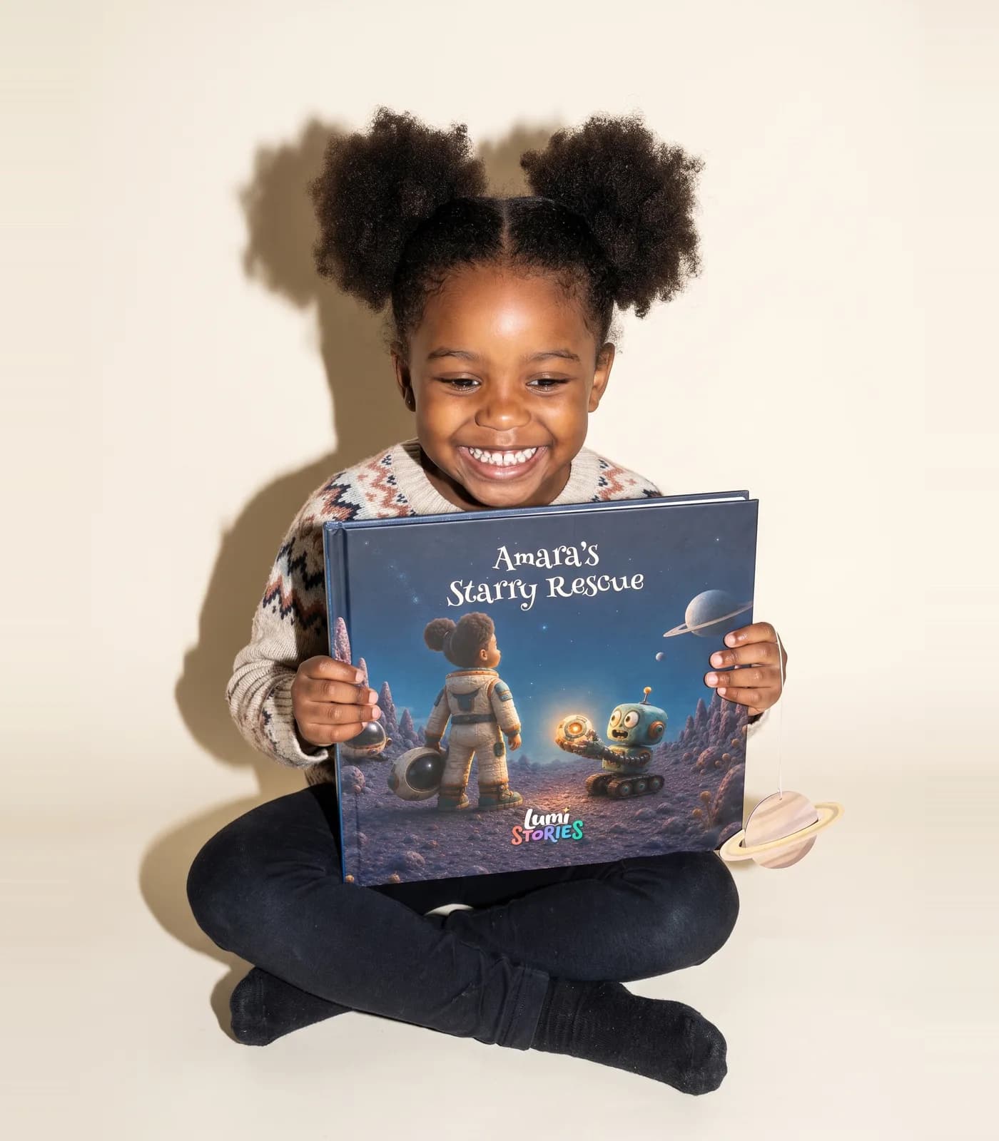 A girl sits cross-legged on a cream backdrop holding her own copy
