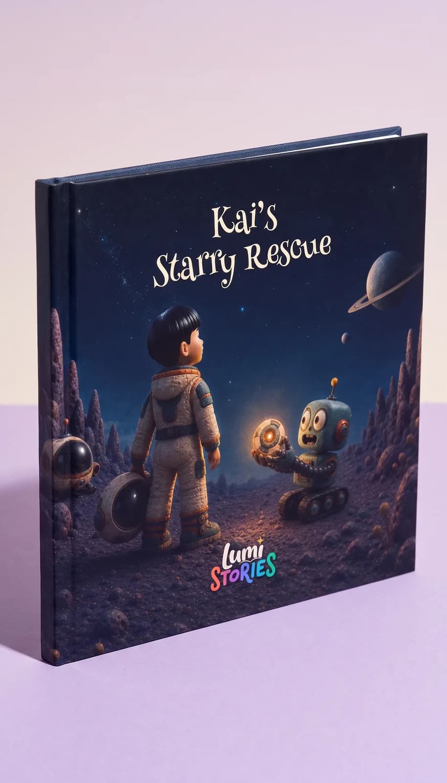 The square hardcover standing on a lavender backdrop: the matte cover, the spine hinge and the crisp board corners
