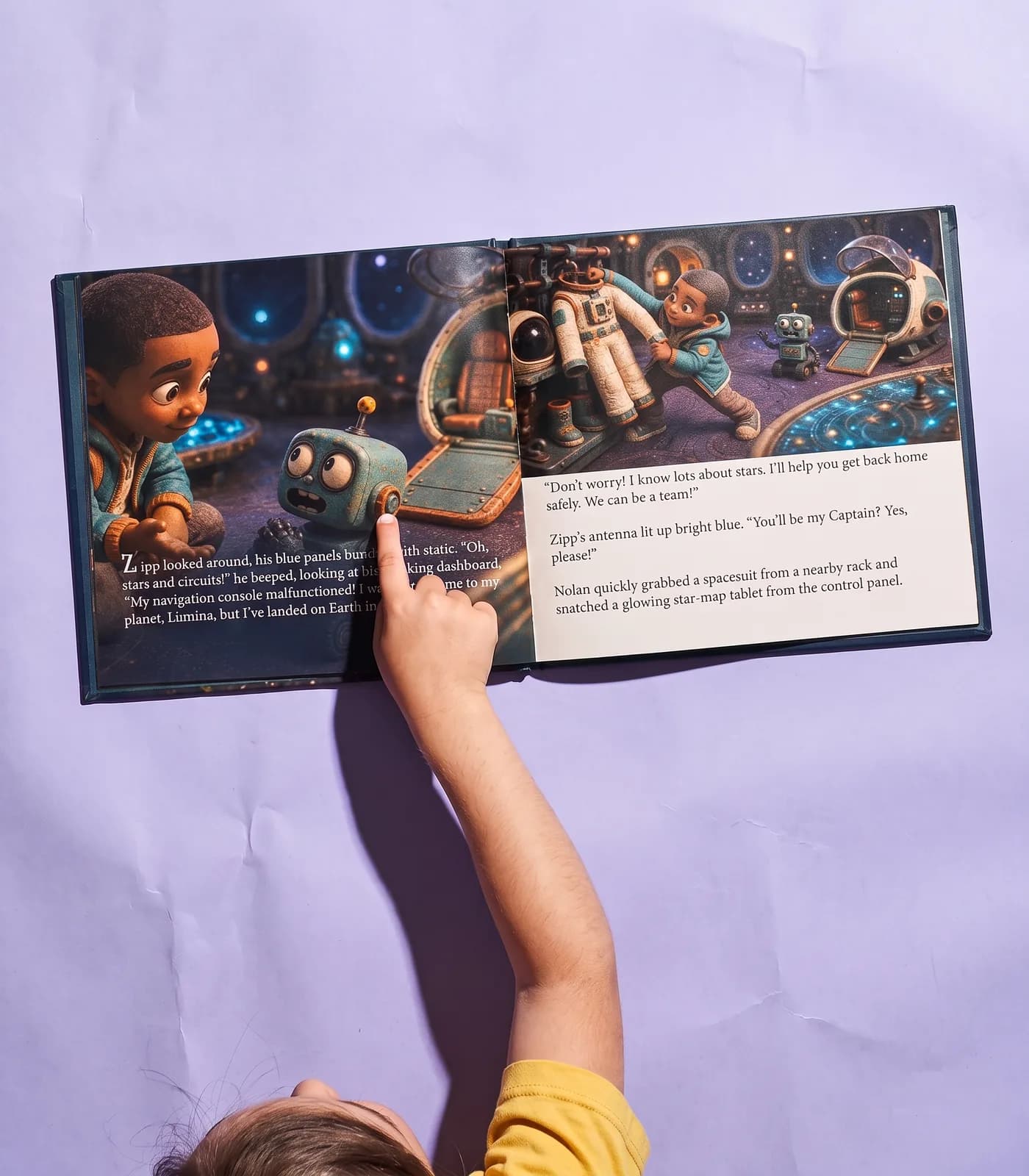 A child points at a real Lumi spread lying open on a lavender backdrop