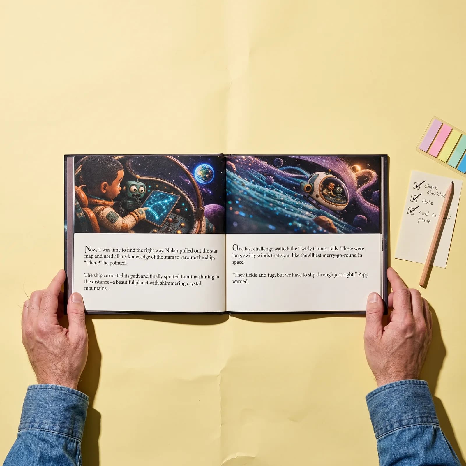 Hands hold a Starry Rescue spread open flat beside a printed checklist on a table