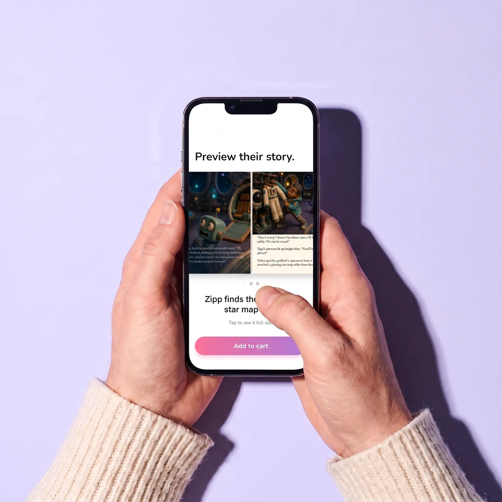 An adult’s hands hold a phone showing a Lumi preview of a Starry Rescue spread