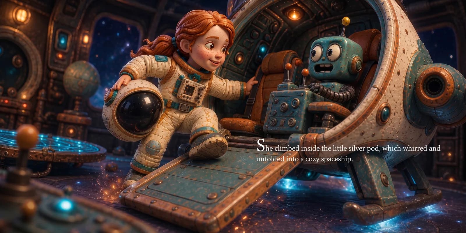 An illustrated spread: the hero, in a clay spacesuit, climbs into the little silver pod beside Zipp