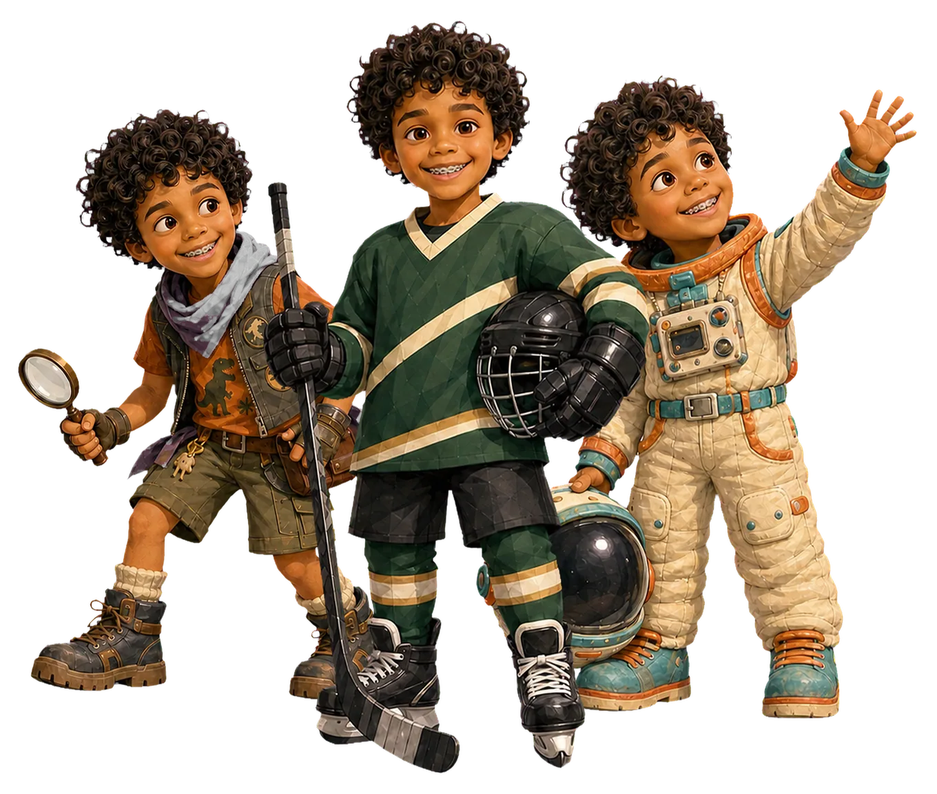 The same child reimagined as a dinosaur explorer, hockey hero, and astronaut