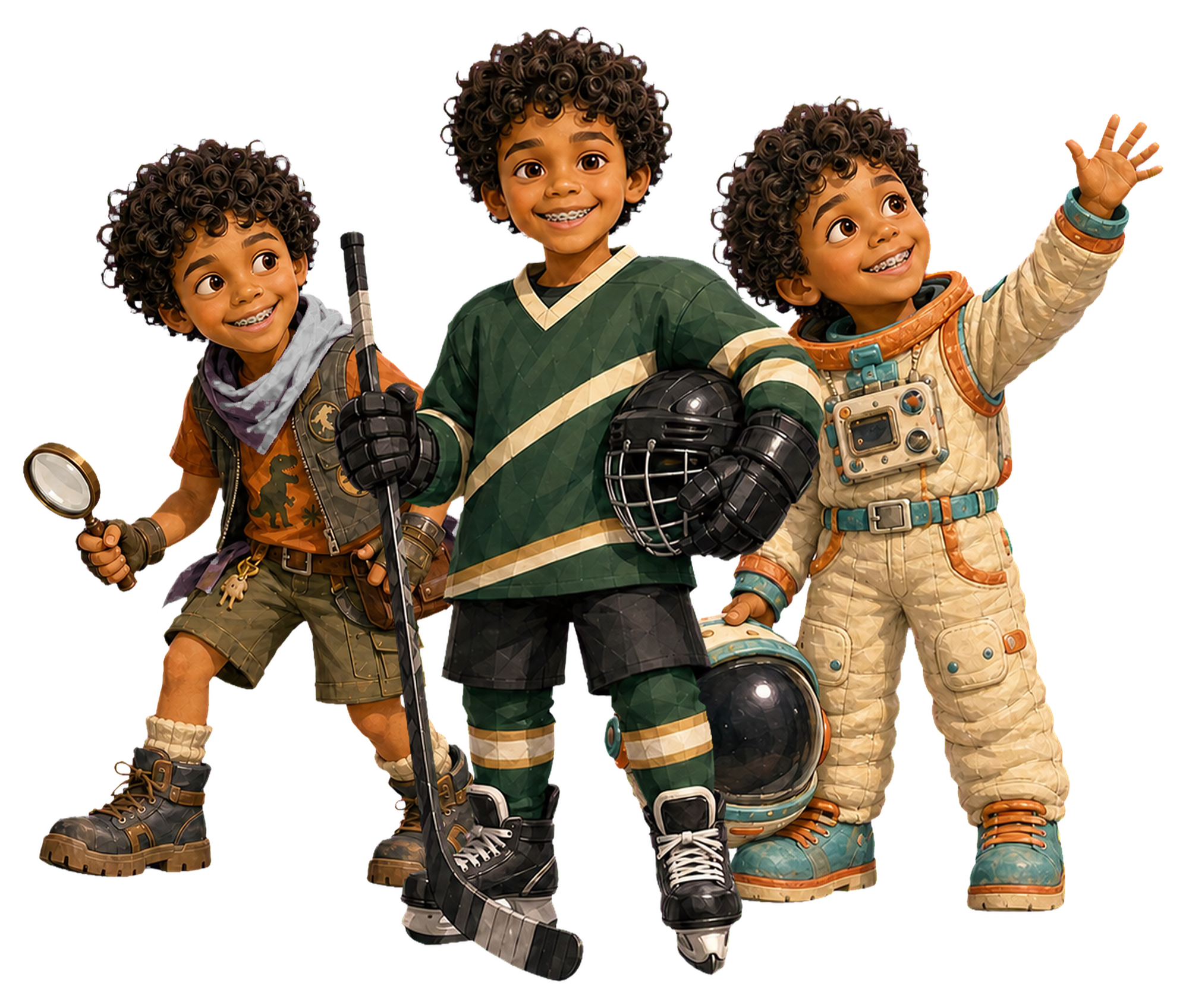 The same child reimagined as a dinosaur explorer, hockey hero, and astronaut